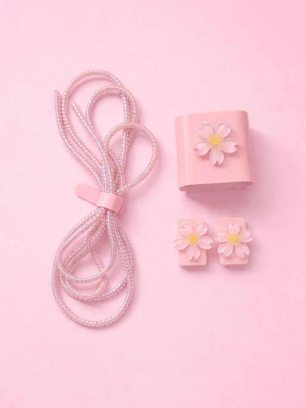 Pink Sakura Cherry Blossom Cable Protector Charger Cover Set Kawaii Coquette
